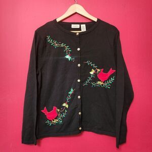 Vintage Embroidered and Beaded Cardinal Christmas Cardigan Size Large